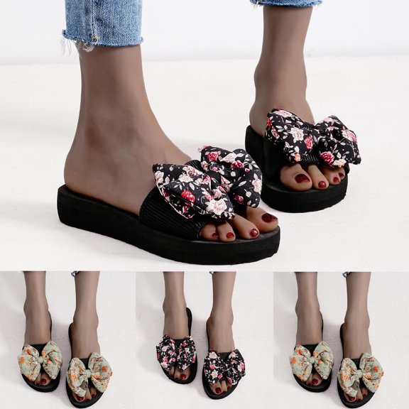 Jacenvly 2024 New Women's New Summer One-Line Floral Bow Over Flat Sandals Black Sandals for Women