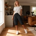 thumbnail image 7 of Bermuda Shorts for Women Knee Length Cotton Linen Drawstring Elastic Waist Summer Casual Comfy Long Shorts with Pockets Black 2XL, 7 of 7