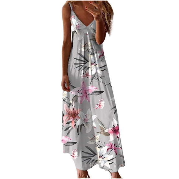Summer Dresses for Women Dressy Sleeveless Boho Floral Printed Long Maxi Dress Beach Hawaiian Tropical Vacation Sundress