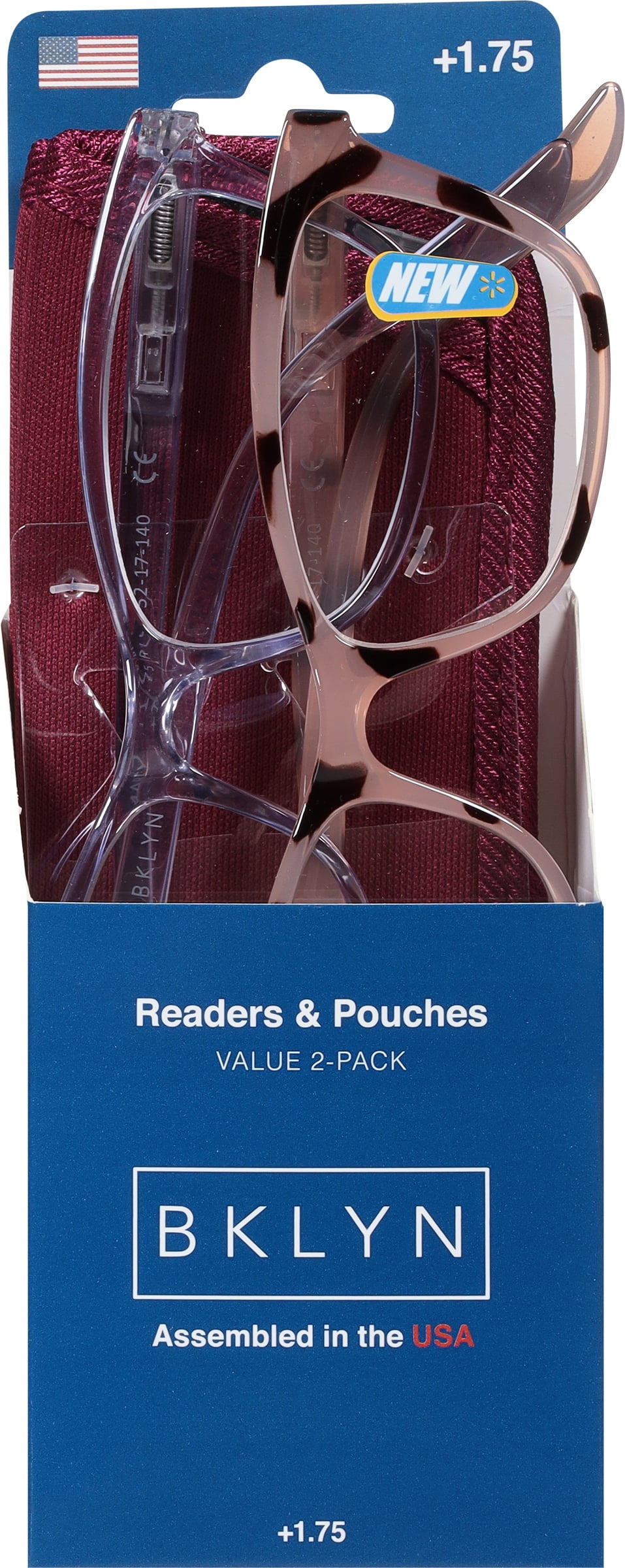 Bklyn, Marcy +1.75, Adult, Womens, Plastic Reading Glasses & Pouches Value Pack , 2 Ea