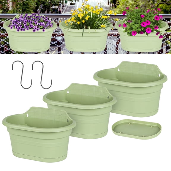 Hanging Flower Pots for Railing,11 inch Black Plastic Fence Hanging Railing Planter for Outdoor Plants Countryside Style Window Flower Bucket Pots with Detachable Hook Outdoor Home Decor,3 Pack,Green