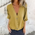 thumbnail image 2 of JGGSPWM Women's Cotton Linen Oversized Blouse with V-Neck and Three-Quarter Sleeves Shirt Tops Yellow L, 2 of 6
