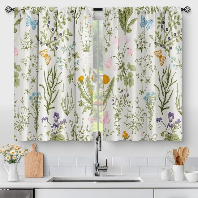 Flowers Floral Kitchen Curtains - Leaves Spring Botanical Small Short Tier Cafe Window Curtains for Bathroom Living RV Room Rod Pocket Window Drapes 24 Inch Length 2 Panels Set 28"x24"