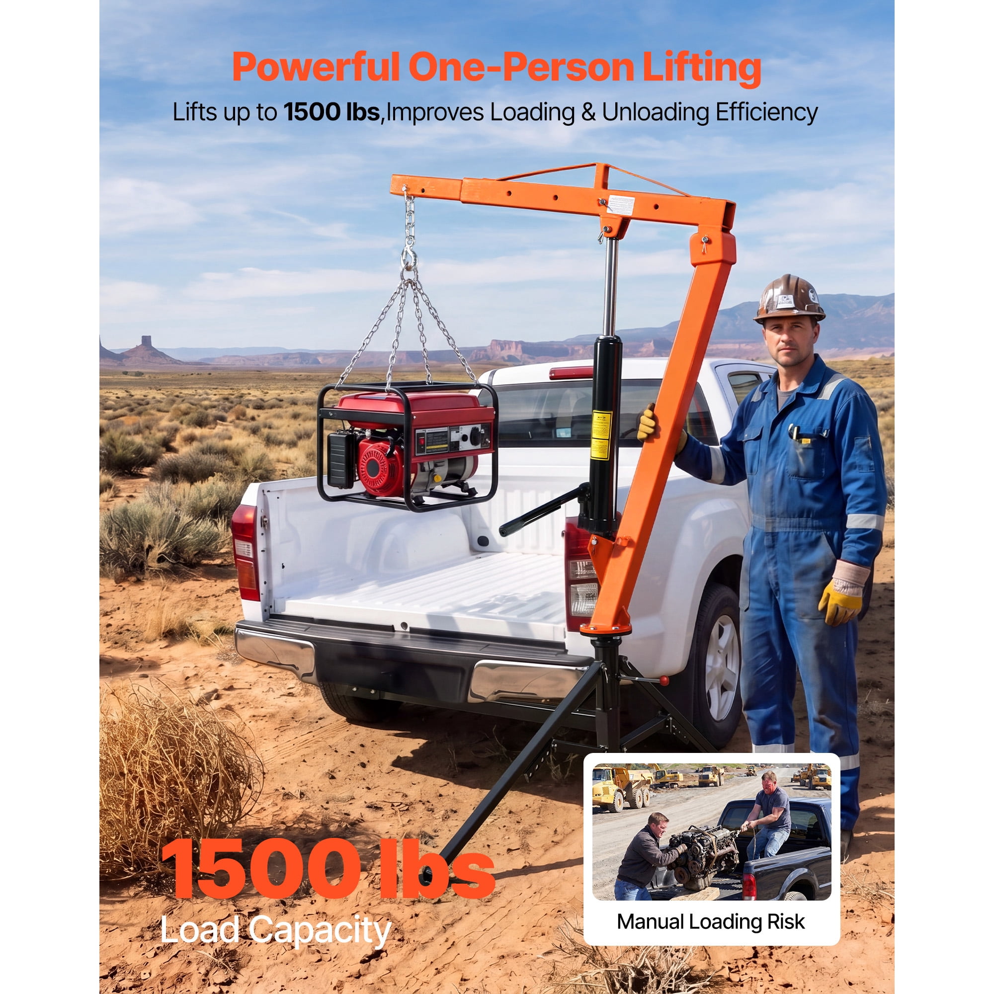 KFFKFF Truck Crane, 1500 lbs Capacity, Trailer Hitch Mounted with Manual Hydraulic System, 12T Hydraulic Jack, 360° Rotating Telescopic Boom, Foldable Design for Lifting Machinery and Lumber