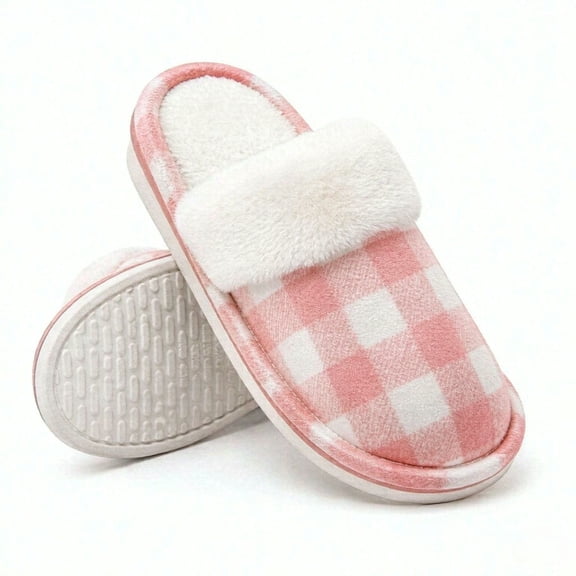 Knivor Plaid Scuff Slippers for Women Fuzzy Cuff Plush Lined House Slippers Non‑Slip Warm Indoor‑Outdoor Winter Home Shoes for Gift
