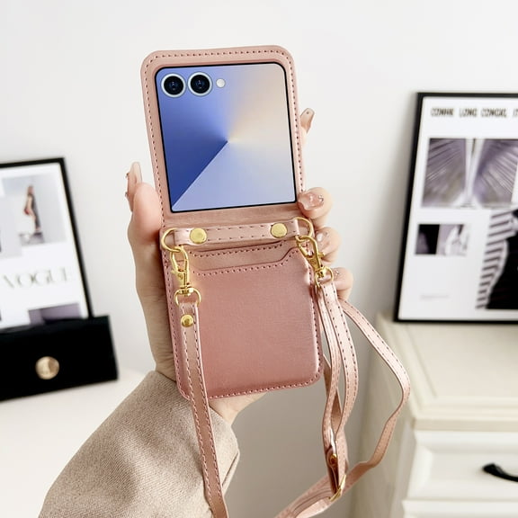 ELEHOLD Case for Samsung Galaxy Z Flip 7, Crossbody Durable Shockproof Leather Phone Case with Card Slots,Rosegold