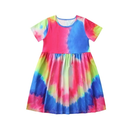

safuny Girls s A Line Dress Teens Clearance Tie Dye Comfy Fit Lovely Short Sleeve Round Neck Pleated Swing Hem Vintage Princess Dress Holiday Multi-color 150