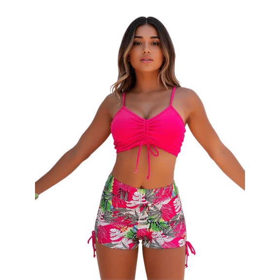 Women's Solid Pink Drawstring Tankini Top & Tropical Leaf Print Swim Shorts 2-Piece Swimsuit, Modest Tummy Control Bathing Suit for Beach & Pool