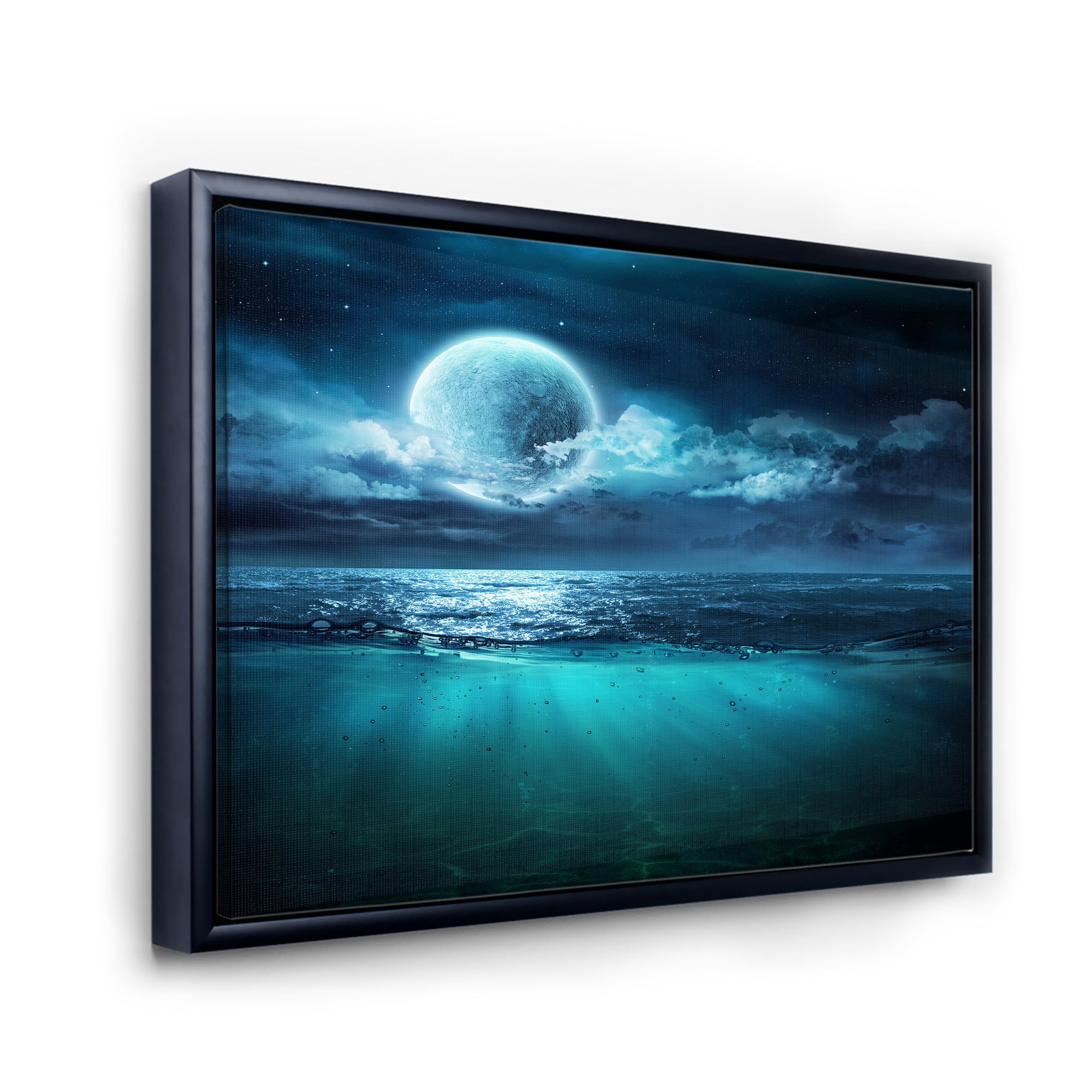 Designart 'Romantic Moon and Clouds Over Deep Blue Sea II' Nautical & Coastal Framed Canvas Wall Art Print
