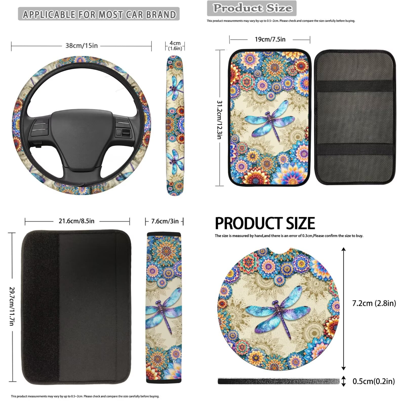 Uorisanigo 18 Pcs Car Seat Cover Dragonfly Mandala with Seat Belt Shoulder Pad Full Set Universal Steering Cover Armrest Covers Headrest Cushion Handbrake Grip Protector Coasters Keychains