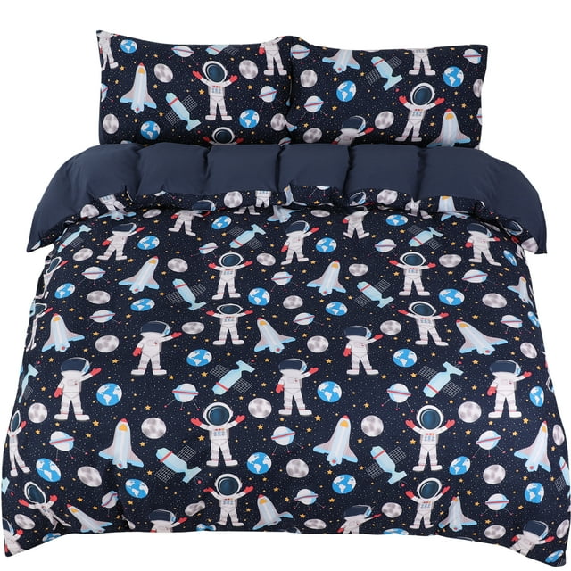 Unique Bargains 3 Piece Brushed Polyester Kids Bedding Duvet Cover Set Space Astronaut Pattern