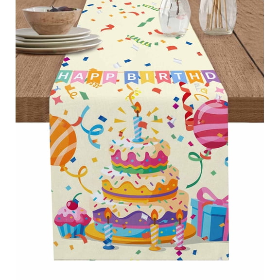 ERUNPONLY Happy Birthday Cake Table Runner - 108 Inch Long Ribbon Balloon Cartoon Cute Cotton and Linen Blended Dress Scarves Farmhouse Table Runner for Kitchen Dining, Coffee Table, 13"x108"