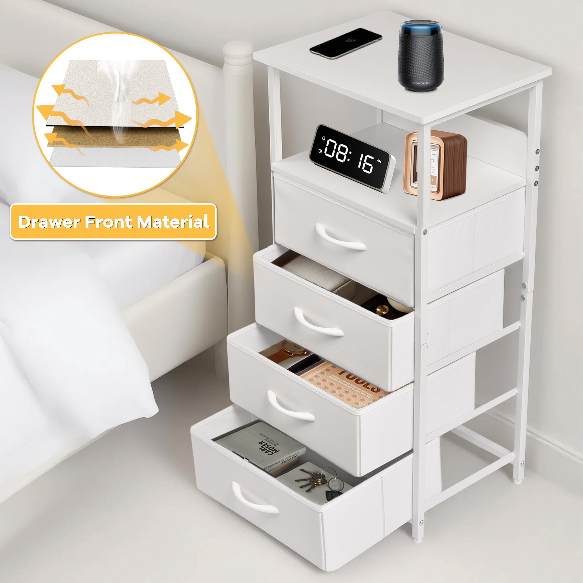 YEEZEE Nightstand,Dresser with 4 Fabric Storage Drawers,Tall Nightstand with Open Wood Shelves,White