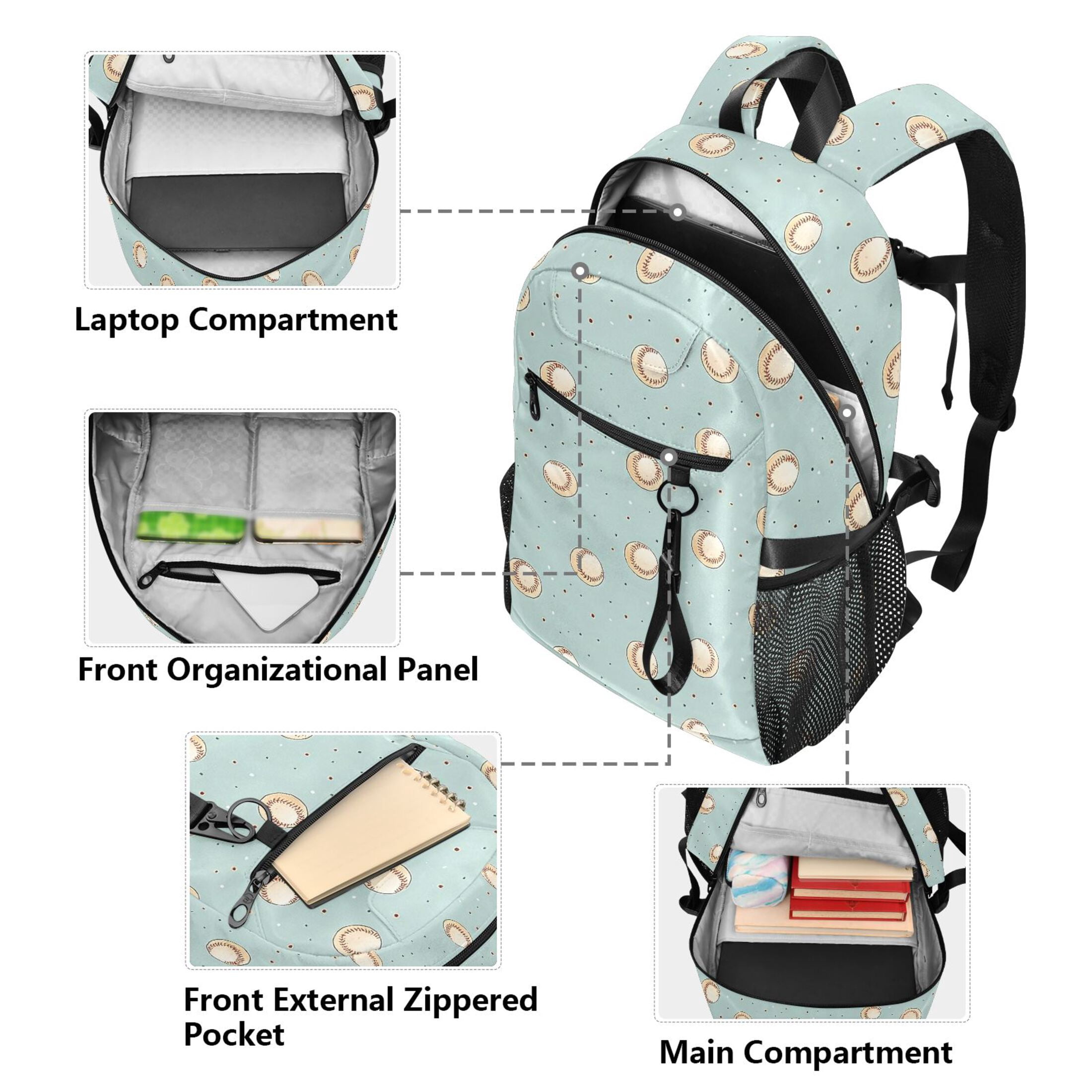 JIALIOU 14" Laptop Backpack Waterproof Airline Approved Stylish Casual Daypack for Travel Business College Work, Cute Little Baseballs