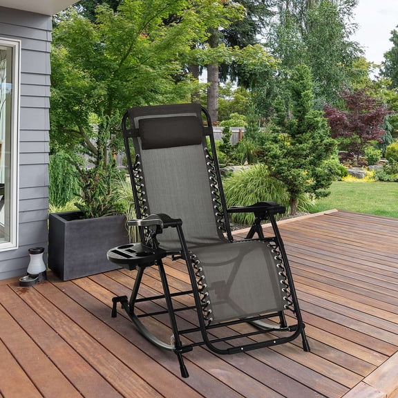 Patio Furniture Outdoor Rocking Chairs, Foldable Reclining Anti Gravity Lounge Rocker w/ Pillow, Cup & Phone Holder, Combo Design w/ Folding Legs, Gray,Patio Chairs