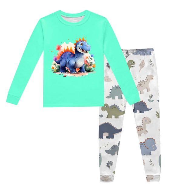 Pyjamas pour Garçons Ensemble de Pyjama Imprimé Dinosaure Col Rond Manches Longues Pantalon 2 Pcs Printemps Automne Pyjamas Bébé Vert Menthe 7 Ans-8 Ans