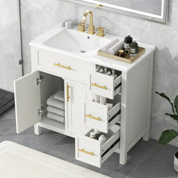 36'' Bathroom Vanity with Single Sink Combo, Modern Bathroom Storage Cabinet with 3 Drawers and 2 Doors, Freestanding Bathroom Vanities, Solid Wood Frame, White