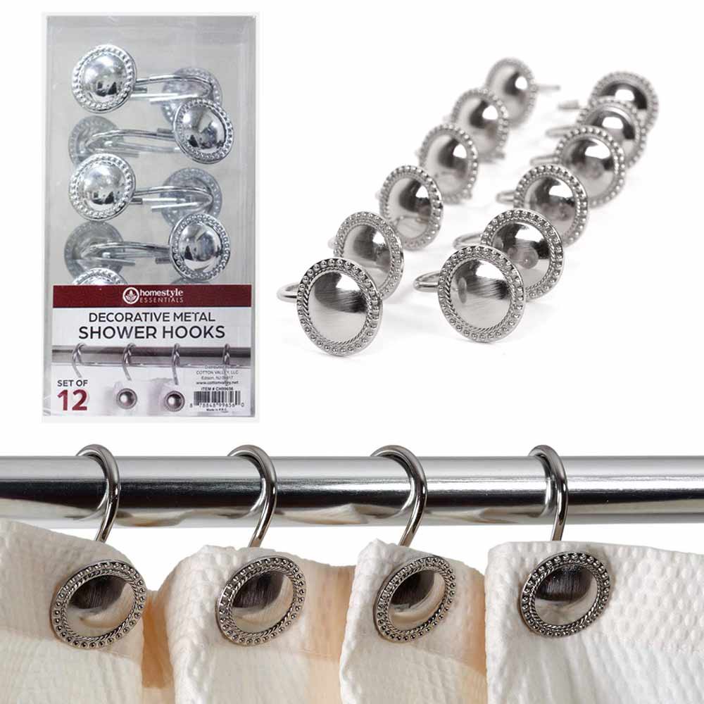 12 Pc Decorative Metal Shower Hooks Heavy Duty Rod Curtain Rings Bathroom Silver