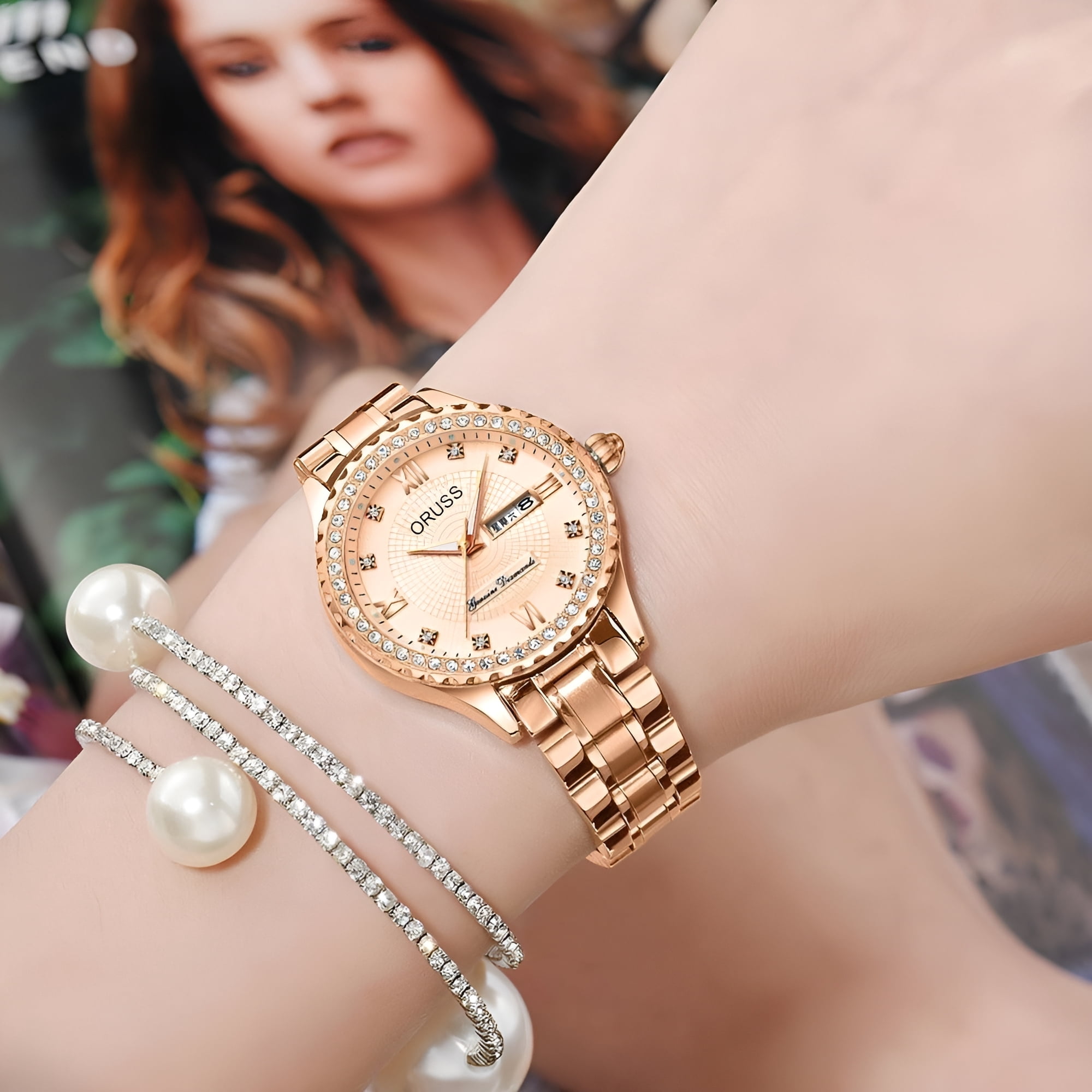 Women's Diamond Quartz Watch, Date Day Display, Luminous, Stainless Steel Band, Luxury Wristwatch