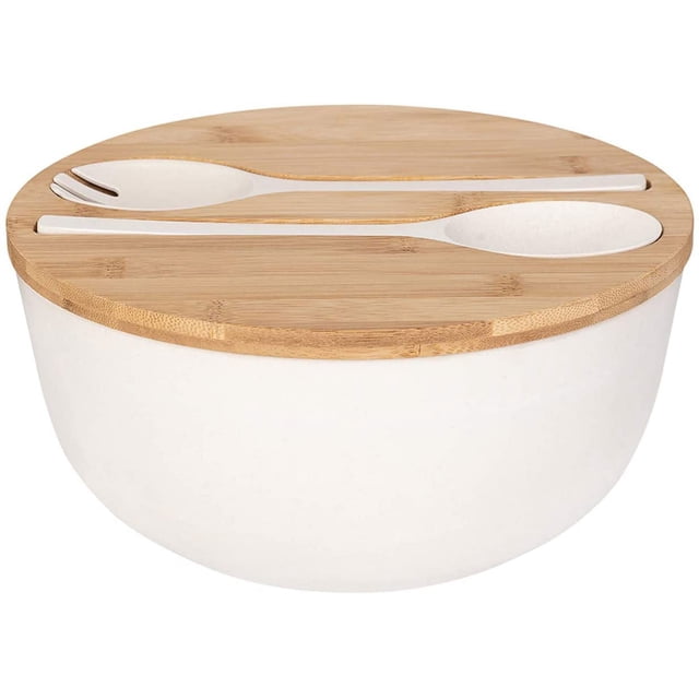 Ensaladera de fibra de bambú con juego de cubiertos - Cuencos grandes para mezclar de 9.8 pulgadas Cuenco de ensalada de bambú macizo de madera con tapa de bambú Cuchara para frutas, ensaladas y