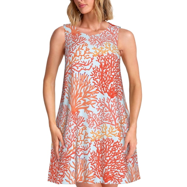 Fotbe Corals Vestido de Verano sin Mangas para Mujer – Vestido Midi Línea A, Estilo Camiseta Floral, Vestido Playero Casual y Fluido