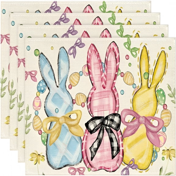 AUQ Bunny Rabbits Eggs Easter Placemats Set of 4,12X18 Inch Floral Bow Seasonal Spring Holiday Table Mats for Party Kitchen Dining Decoration