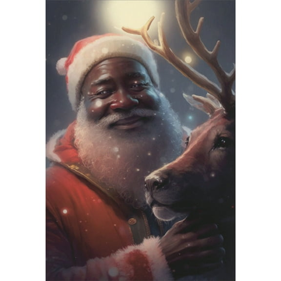Nobleworks Happy Smiling Santa and Reindeer Under Glowing Light African American Christmas Card (1 card/1 envelope)