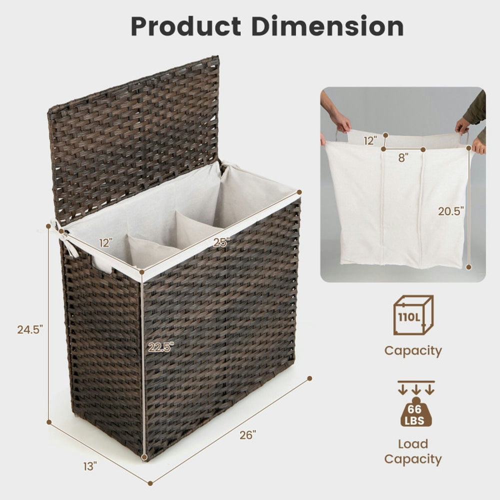 Finihen Laundry Hamper, Laundry Basket, 110L 3-Section Laundry Hamper with Liner Bag and Handle, for Bathroom, Laundry Room, Brown