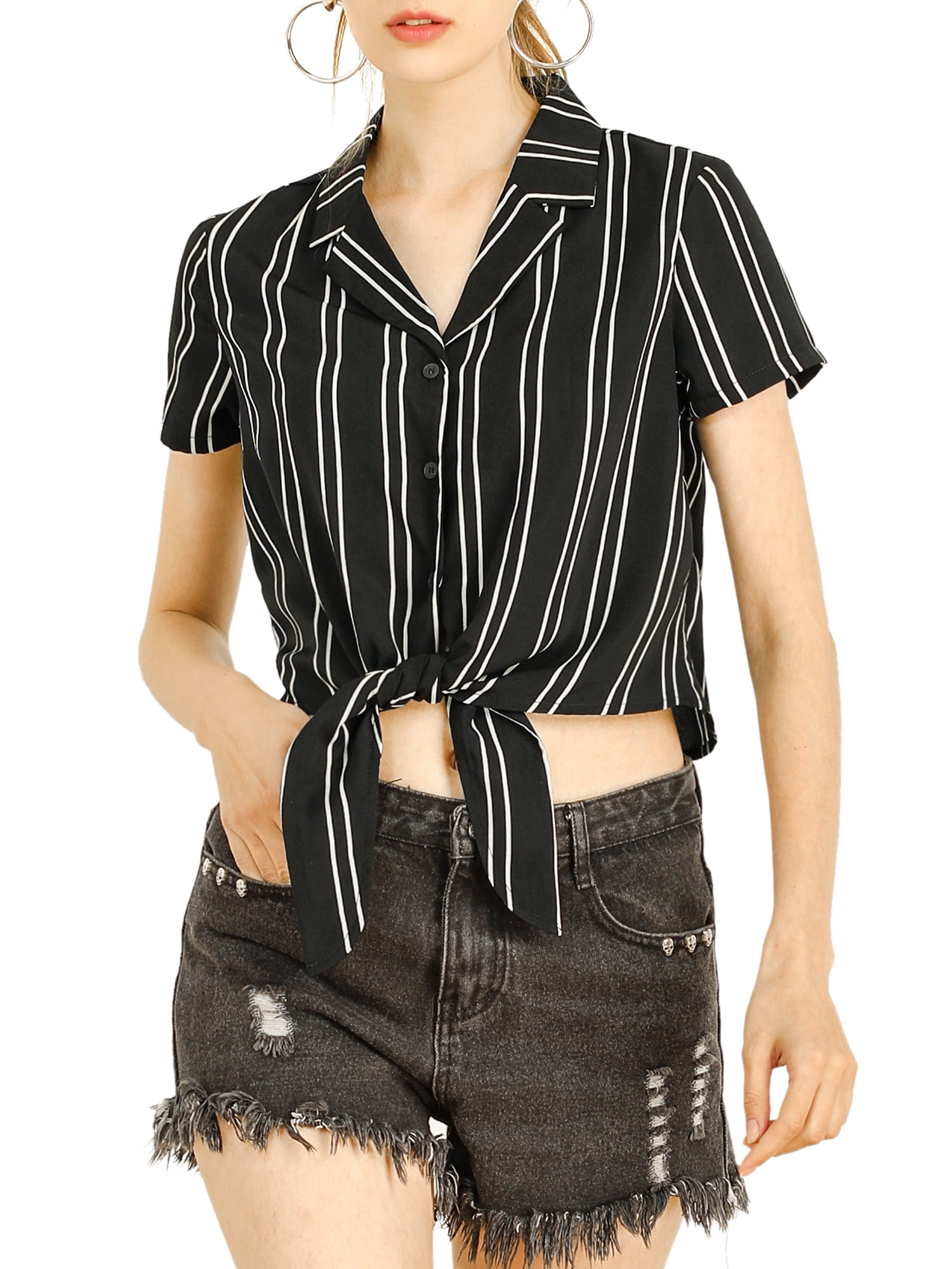 DARING DIVA Women's Striped Button Up Short Sleeve Tie Front Crop Shirt S Black
