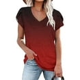 thumbnail image 2 of Wycnly Womens Tops Loose Fit Soft Breathable Petal Sleeve Ladies Fashion Tshirts Summer Casual Gradient Print V-Neck Short Sleeve Blouse Wine XL, 2 of 4