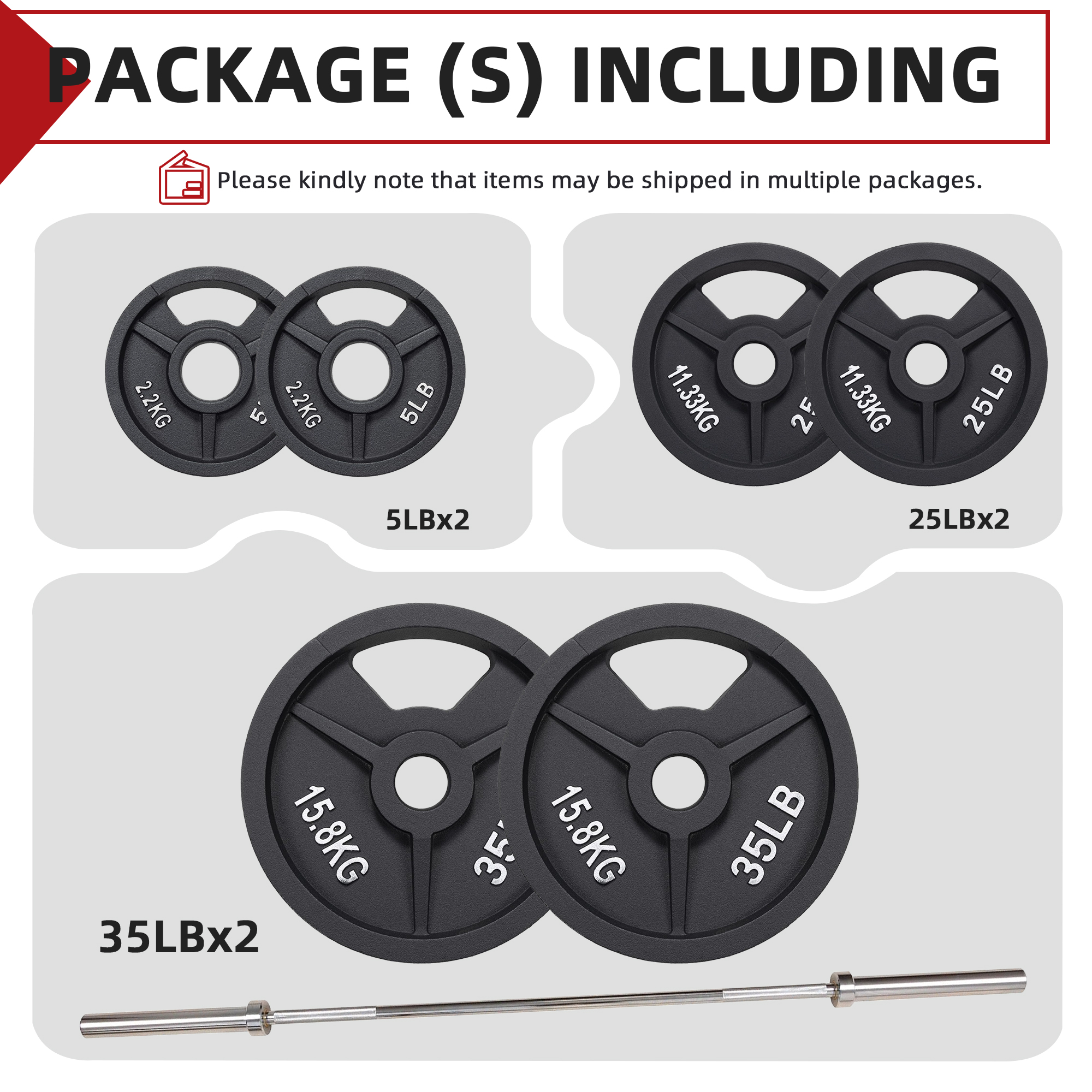 FlexWave 70LB-210LB barbell plate set, 6-foot Olympic bar + cast iron barbell plate, waterproof double scale, home and commercial use can meet a variety of needs
