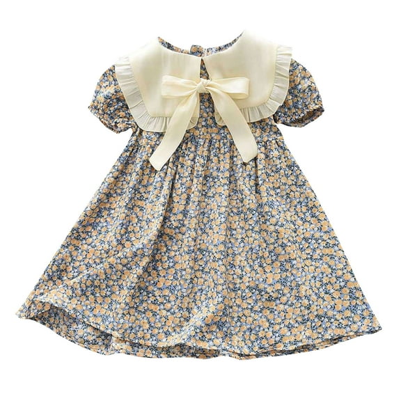 Drses‌ ‌‌‌‌‌‌Toddler Girls' 2025 Summer Floral Dress | Turn-Down Collar A-Line Smocked Sundress with Flutter Sleeves (Size 1-9)