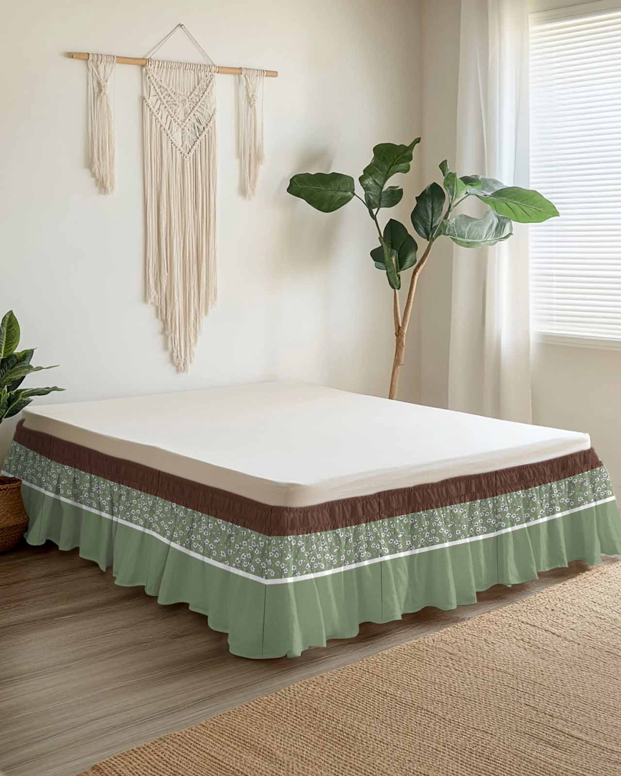 Sage Green Brown Flowers Wrap Around Bed Skirts for King Bed 18" Drop,Bed Skirt with Adjustable Elastic Belt Dust Ruffle Bed Valance for Bedroom Hotel Classic Botanical Art Elegant Bed Frame Cover