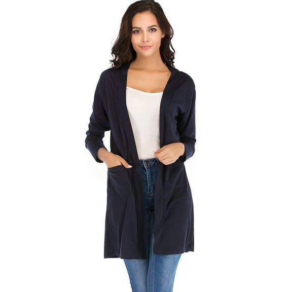 LELINTA Women Basic Long Cardigan Open Front Draped Sweater Long Length Open Front Navy Blue Jacket with Pockets