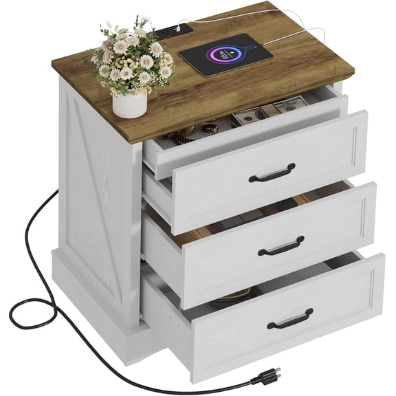 Farmhouse Nightstand with Charging Station and Hidden Drawer, White & Brown | Bedside Table with 4 Drawers, Night Stand for Bedroom, Home Office, Side Table with Storage, 23.6" W x 15.7" D x 26" H