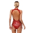 thumbnail image 2 of YONGHS Women's Sparkly Sequin Tassel Leotard Bodysuit Latin Samba Ballet Dance Dress Red M, 2 of 7
