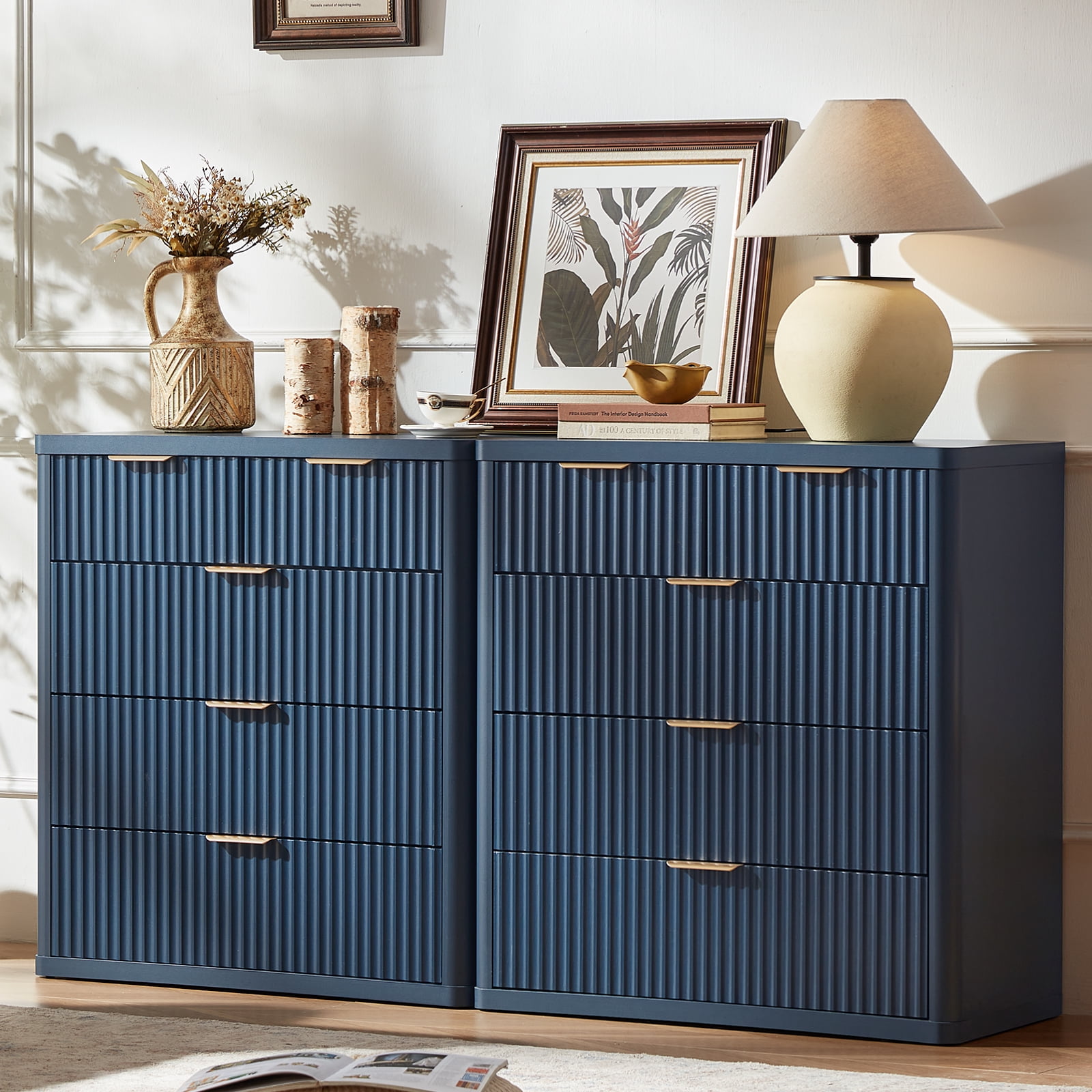 Leyaoyao Fluted Modern Dresser, 5 Drawers Adult Chest of Drawers, Blue, Engineered Wood, 34 inch Tall