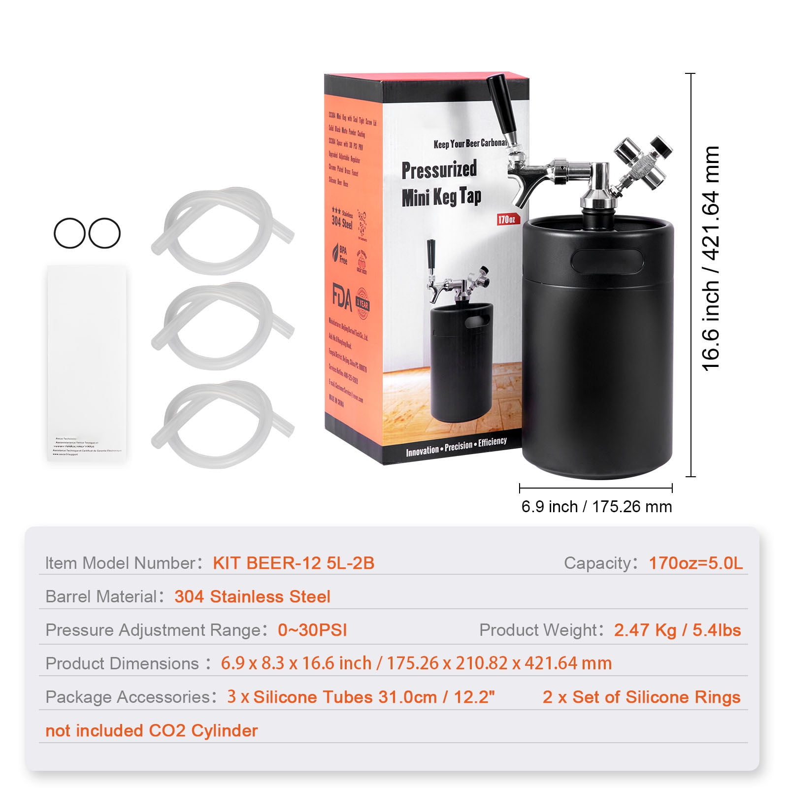 VEVOR Beer Growler Tap System Pressurized Growler Mini Beer Keg Draft Beer Growler with Pressure Display Homebrew 170 Oz/5 L Black
