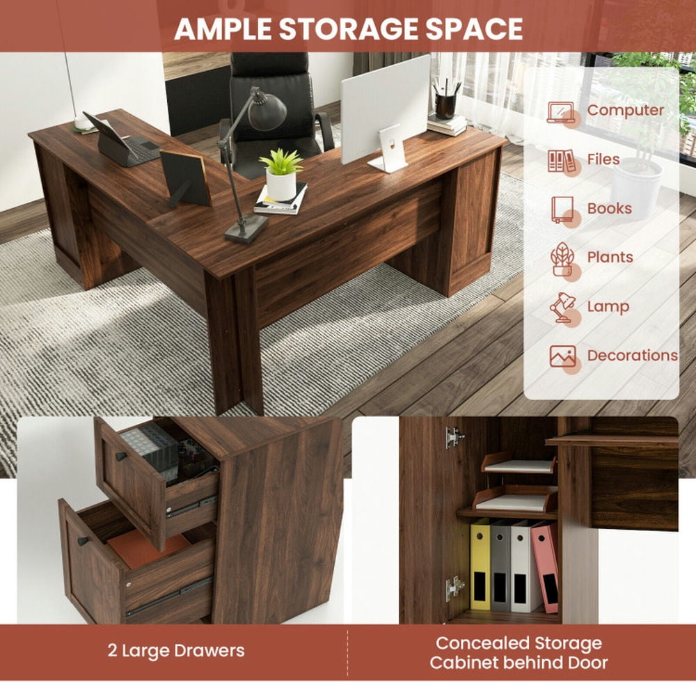 Demi Bonn L-Shaped Office Desk with Storage Drawers and Keyboard Tray, Small Home Computer Desk Study Writing Table, Walnut