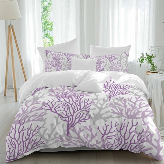 3 Piece Purple Gray Coral Coastal Duvet Cover Set California King,Microfiber Comforter/Quilt Cover with Corner Ties and 2 Pillowcases,Summer Beach Seaside Nautical Soft Bedding with Zipper Closure