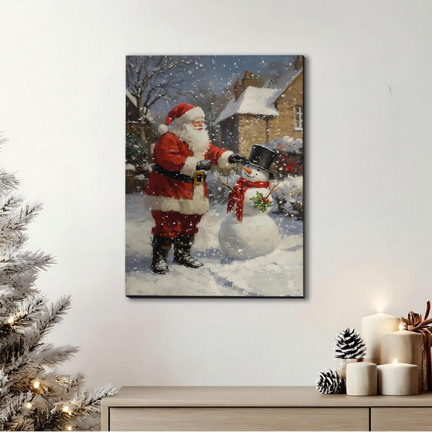 Christmas Wall Art Prints, Winter Christmas Picture Wall Decor Santa Snowman Canvas Artwork for Bathroom, Snow Scene Street Aesthetic Posters for Bedroom, Christmas Holiday Decor