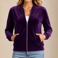 thumbnail image 4 of Kukoosong Women's Velvet Bomber Jacket, Long Sleeve Full Zip Up Stand Collar Velour Coat with Pockets, Slim Casual Lightweight Outerwear for Spring Fall Daily Wear, 4 of 7
