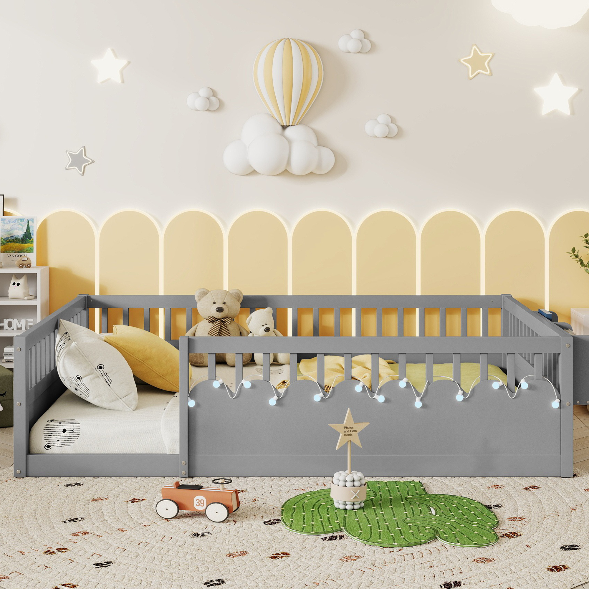 Euroco Wood Full Size Montessori Floor Bed with Guardrails and LED Light, Kids Bed with Storage Shelves, Gray
