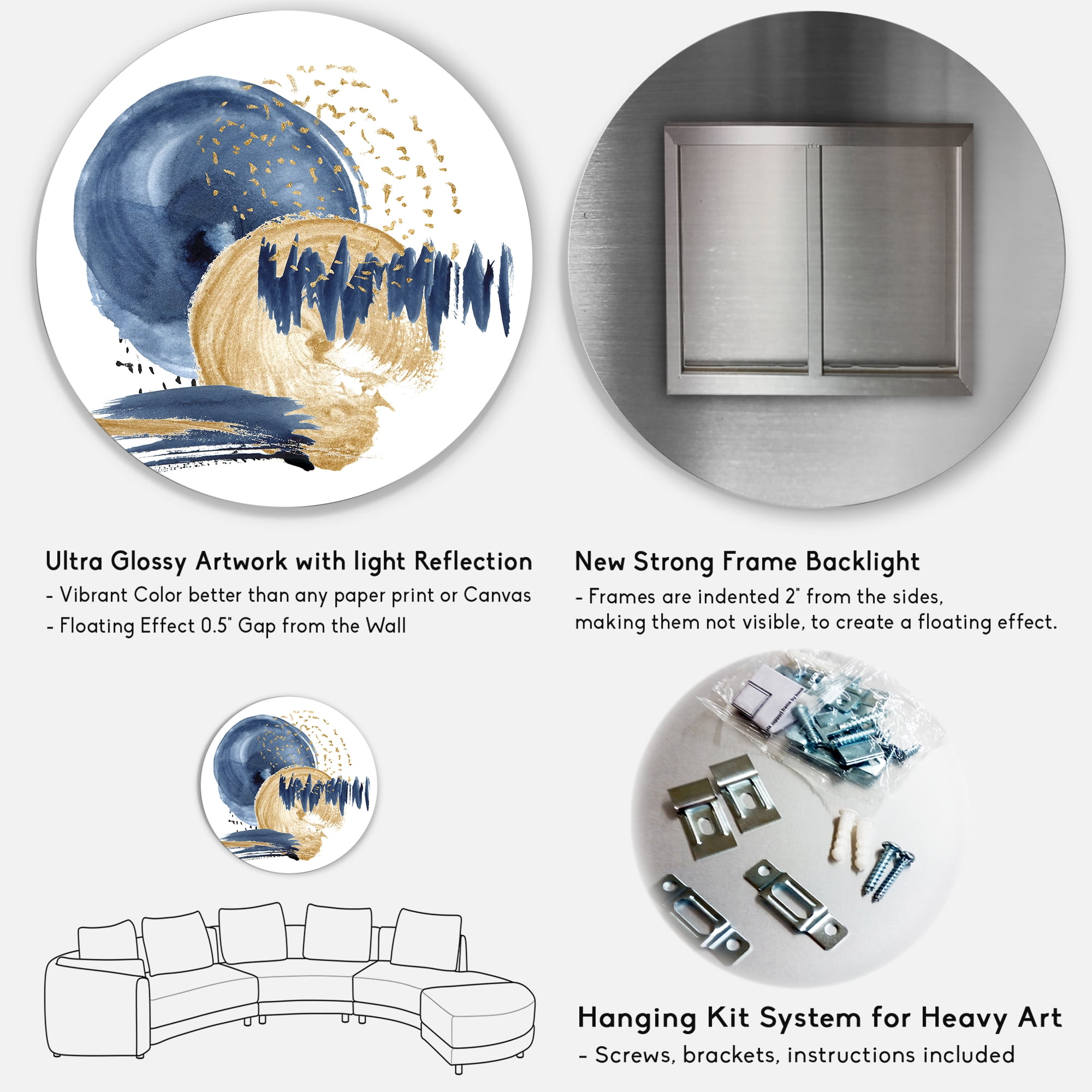 Designart 'Gold and Dark Blue Abstract Circle Ocean Texture' Modern Circle Metal Wall Art 29x29 - Disc of 29