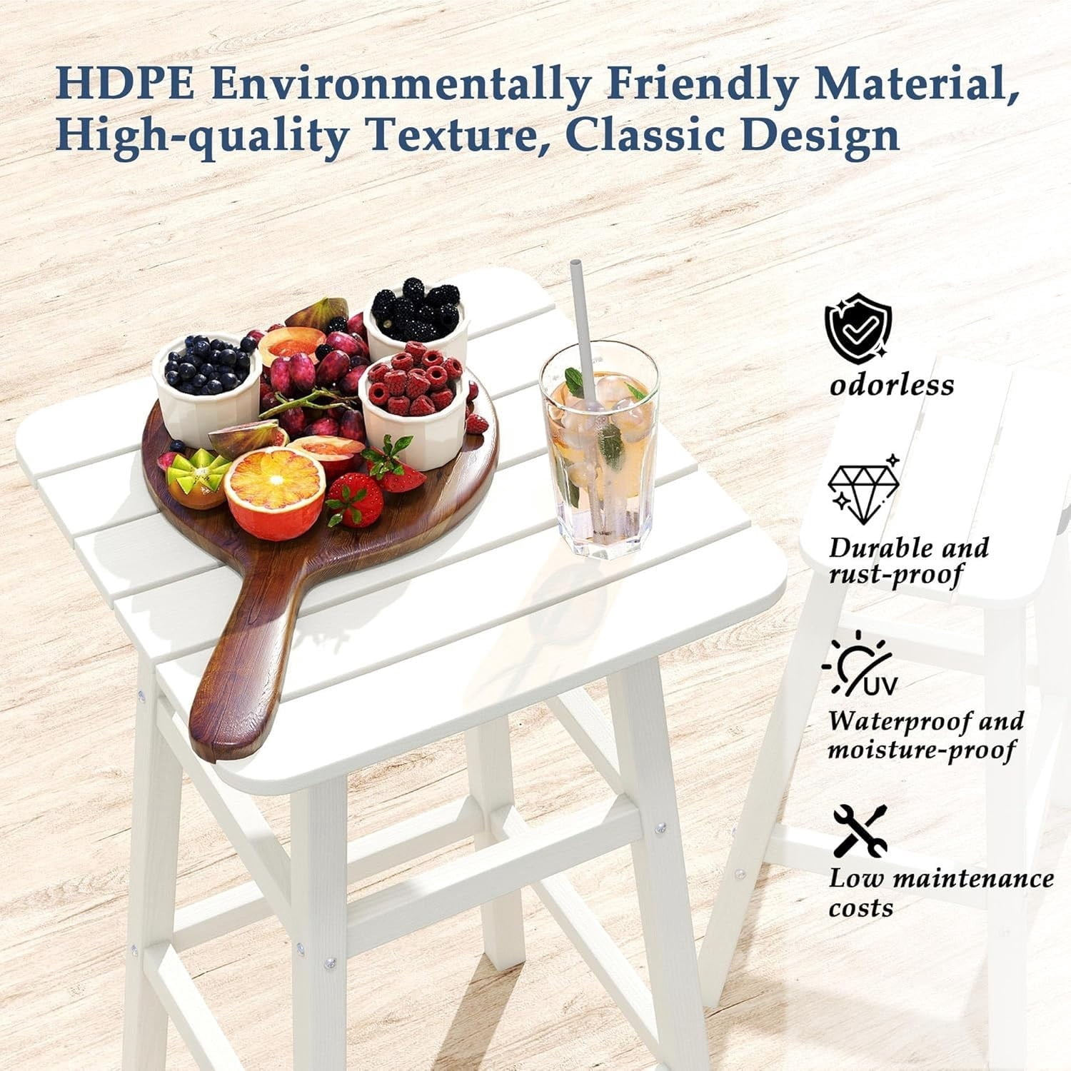 Outdoor Bar Table, HDPE Patio Bar Height Table, All Weather Bistro Pub Table for Deck Porch Backyard Garden, White