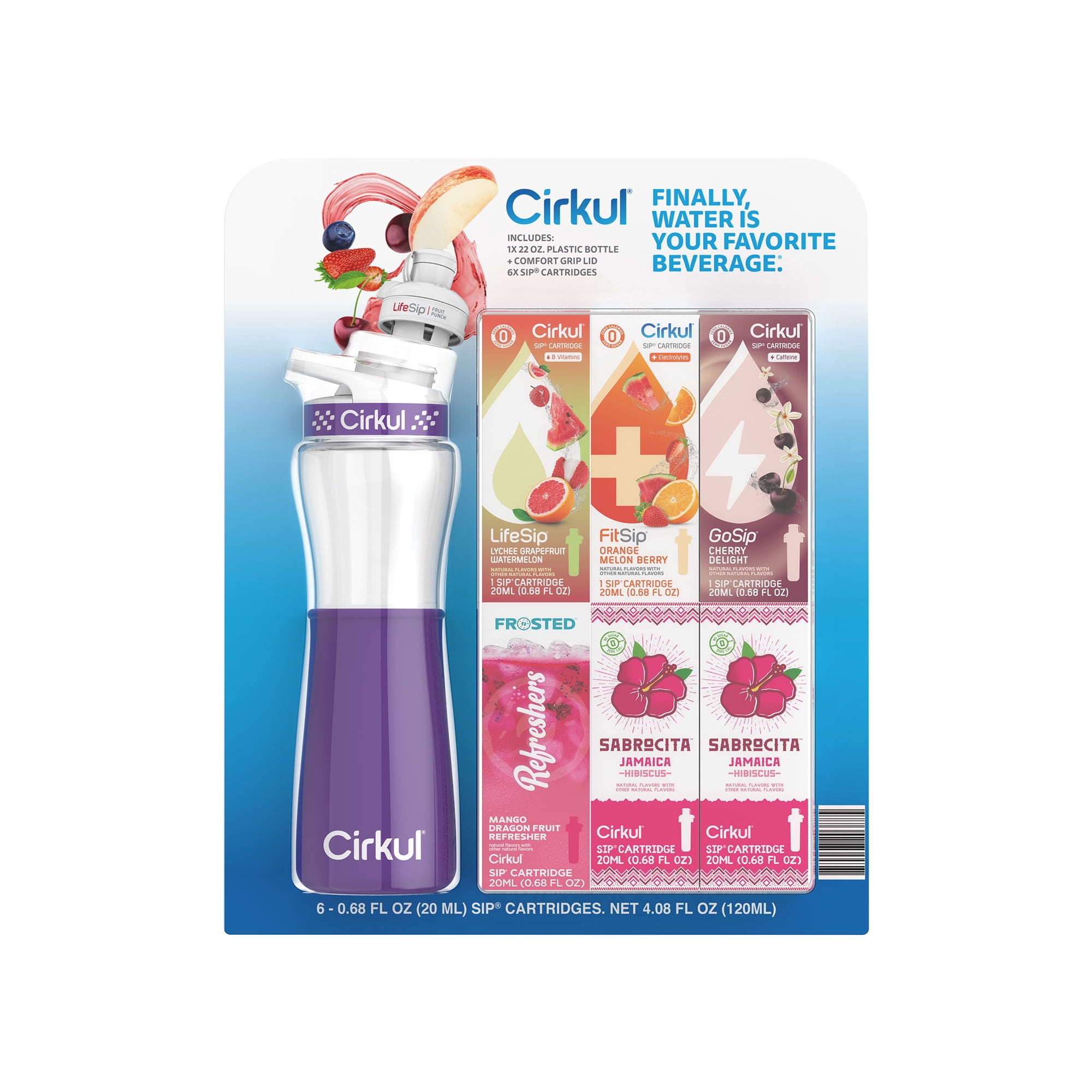 Cirkul 22 fl oz Plastic Bottle and Purple Chill Sleeve Value Pack with 6 Flavor Cartridges