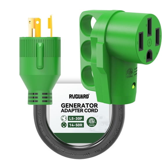RVGUARD 3 Prong 30 Amp to 50 Amp RV Generator Adapter Cord 12 Inch, STW 10/3, L5-30P Locking Male Plug to 14-50R Female with LED Power Indicator, Green