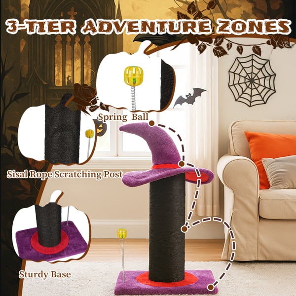 Alvantor Wizard Hat Cat Scratching Post,24 in Sisal Rope Scratch Tower with Spring Ball Toy,Purple