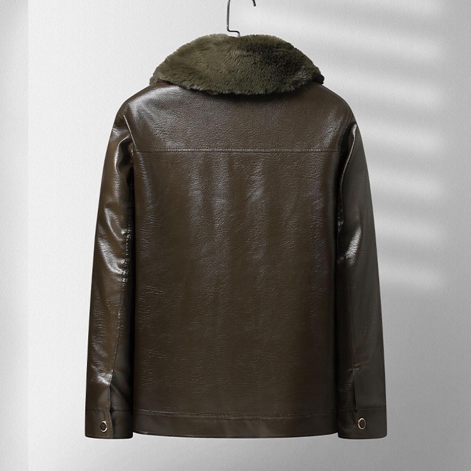 Mens Classic Faux Leather Jacket Detachable Fur Collar Vintage Leather Coat Warm Fleece Lined Jackets