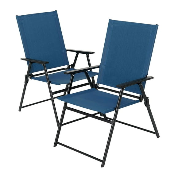 Nixtopia 2 Pcs Folding Patio Chairs, Outdoor Dining Chairs with Blue Sling High Back and Armrests Used for Camping Garden Backyard Pool Porch